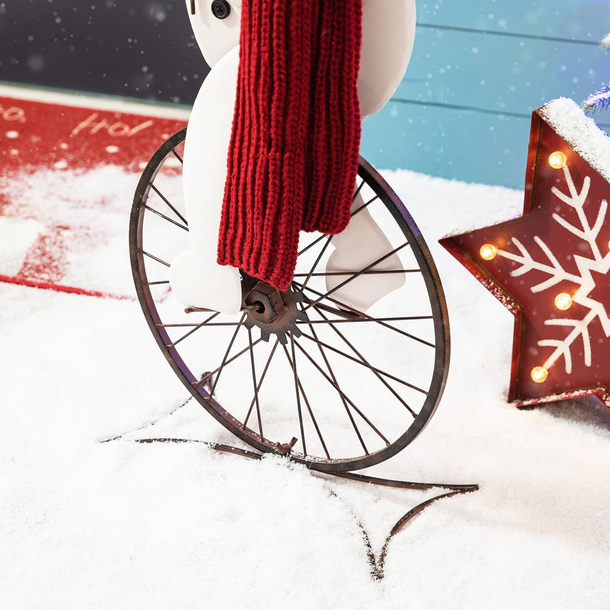 Glitzhome 32”H Metal Snowman Porch Décor Bike Wheel Cute Snowman with Red Scarf Hat Christmas Tree