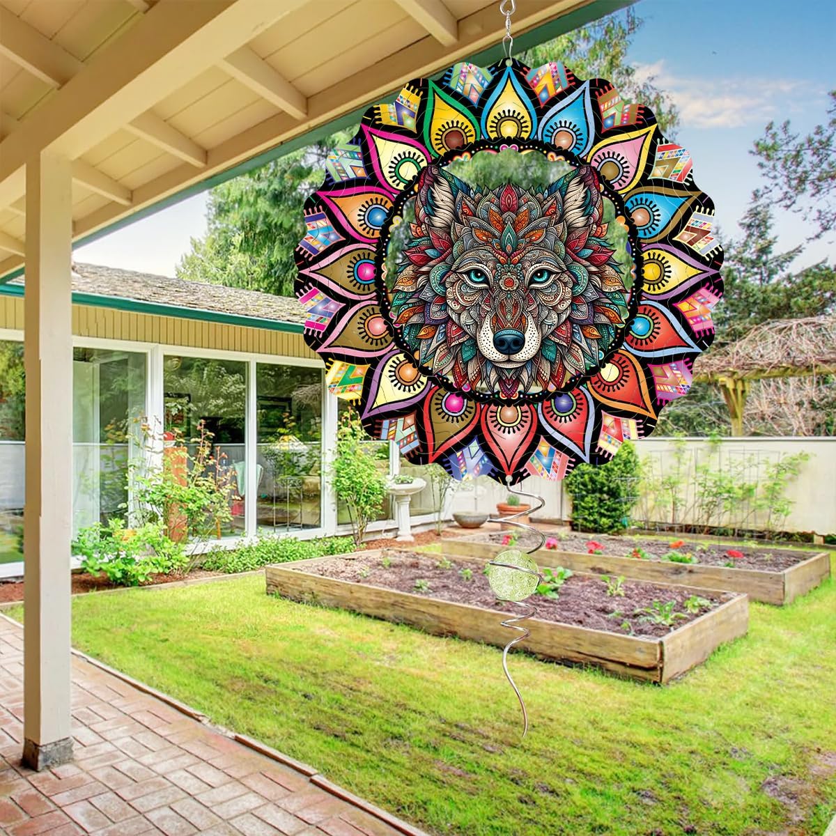 Hanging Wolf Wind Spinner for Outdoor Indoor 3D Stainless Steel Wind Sculptures 10 Inch Cool Animal