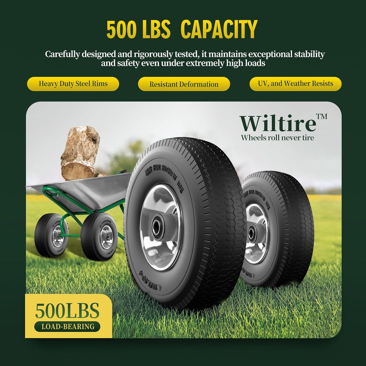 (2 Pack) 4.10/3.50-4 Flat Free Tire and Wheel 10-Inch Solid Wheel Replacement with 5/8 Extra 3/4