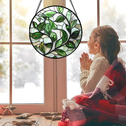 Stained Glass Window Hanging - White Green Leaves Suncatcher for Doors Window Home Plant Sun