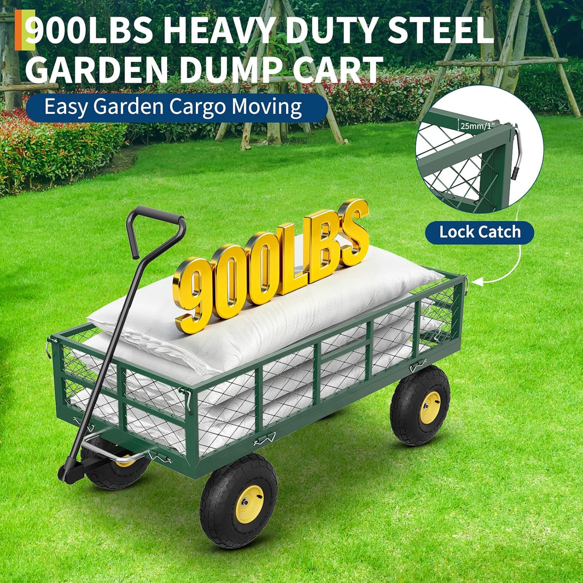 GarveeLife 900 LBS Garden Dump Cart with Removable Sidewalls, Heavy Duty Steel Dump Wagon with 180°