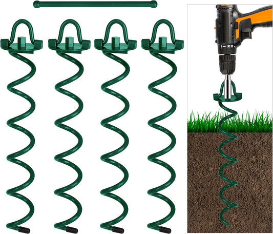 FEED GARDEN 16 Inch Spiral Ground Anchors Heavy Duty Screw in Spiral Stakes, 4 Pack Folding Ring