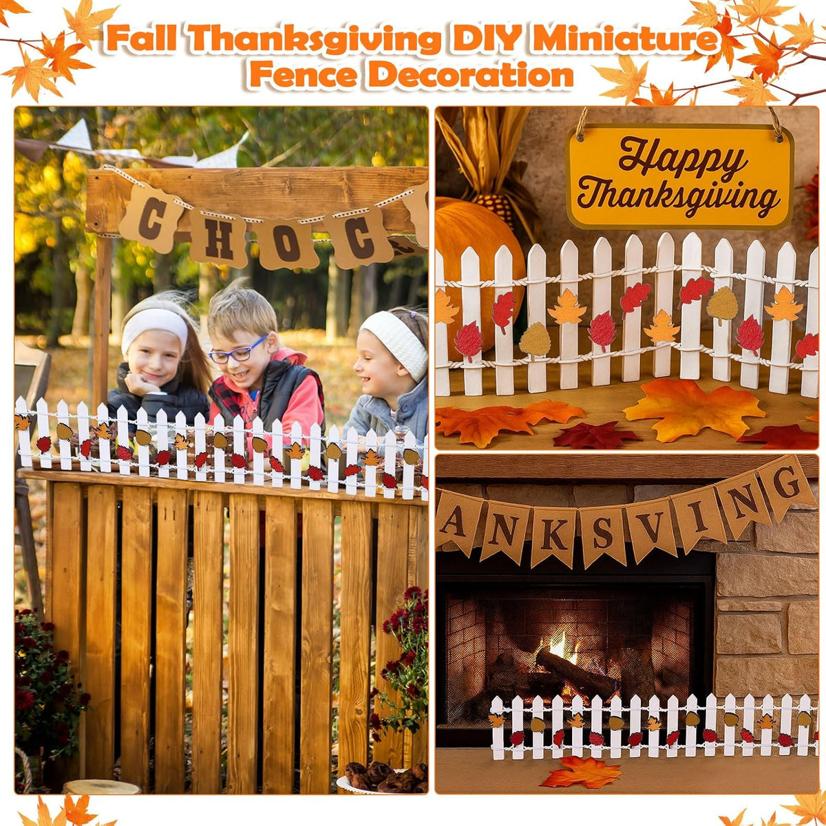 Thyle Thanksgiving DIY Mini Fairy Garden Fence Fall Wood Picket Crafts with 35 Inches Wood Picket
