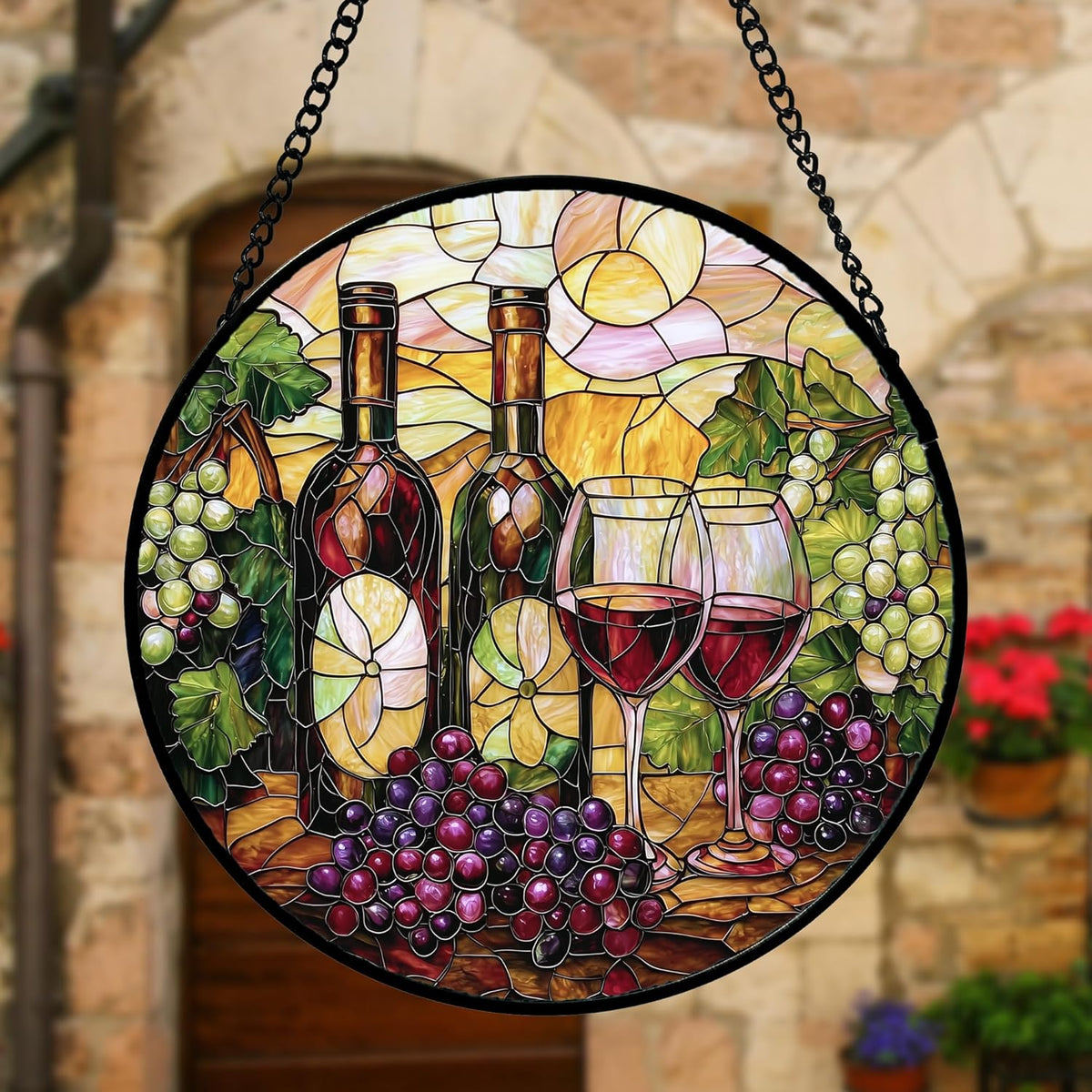 Stained Glass Window Hanging, Grapes and Wine Suncatcher Diamond Glass Panel Hangings Sun Catchers