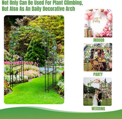 7FT Black Garden Arbor Trellis, Outdoor Metal Garden Arch for Climbing Plants Flowers Vines, Metal