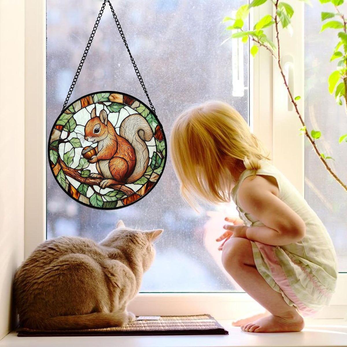Stained Glass Window Hanging, Squirrel on a Branch Suncatcher Diamond Glass Panel Animal Sun