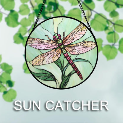 Stained Glass Window Hanging 4 Pcs Set Pink Green Insect Theme 9.8" - Butterfly Suncatcher Door
