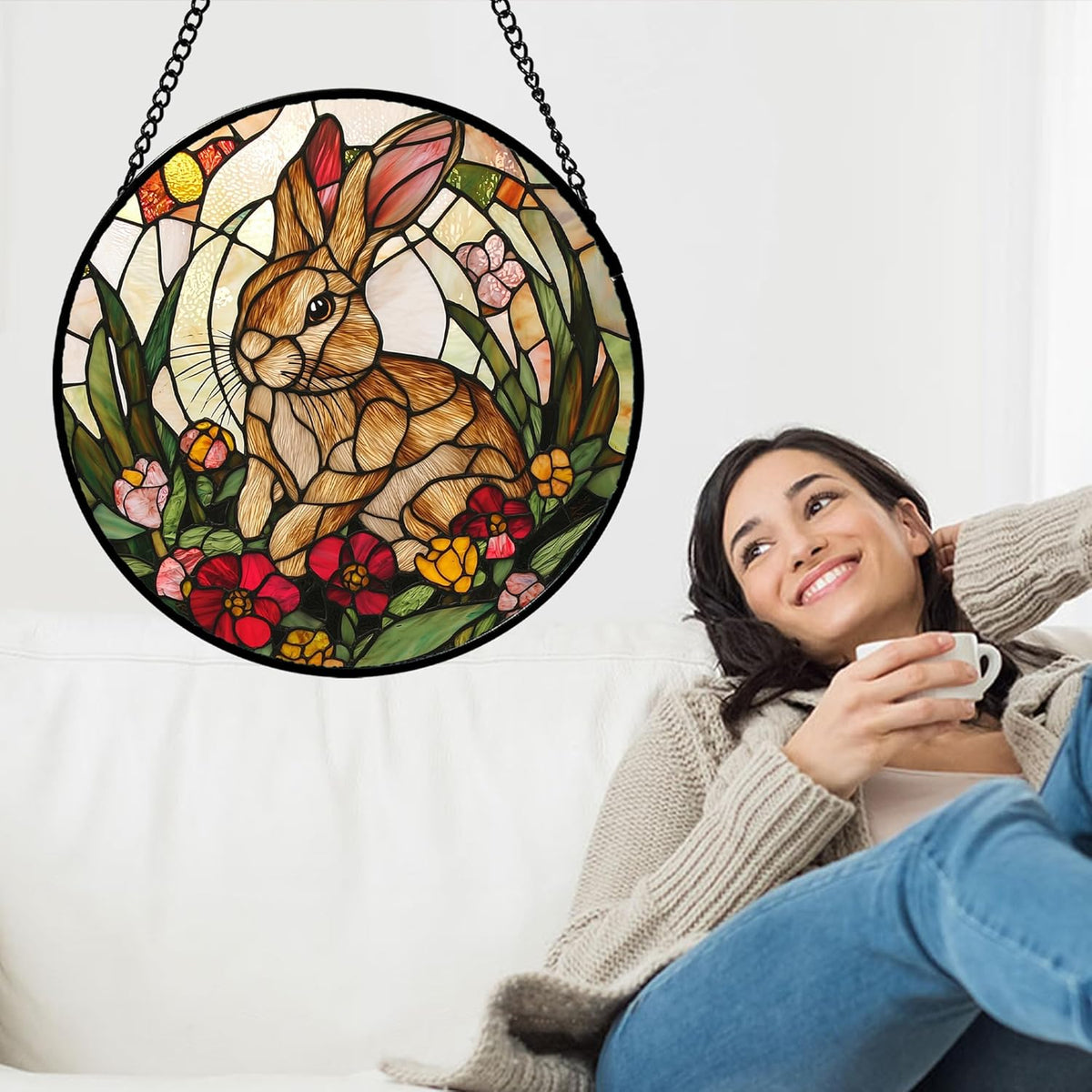 Stained Glass Window Hanging, Cute Bunny Flowers Sun Catcher for Window Door Home Decor, Rabbit