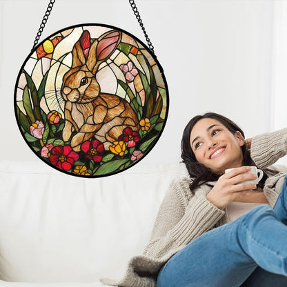 Stained Glass Window Hanging, Cute Bunny Flowers Sun Catcher for Window Door Home Decor, Rabbit