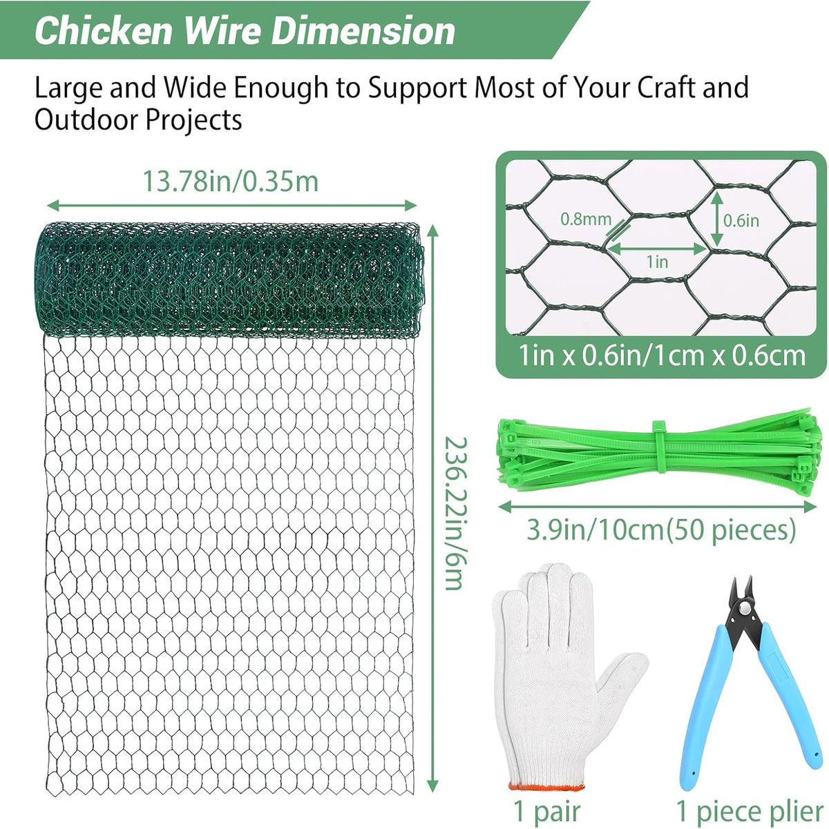 Chicken Wire Fence for Craft,13.78 x 236 Inch Lightweight Galvanized Hexagonal Chicken Wire