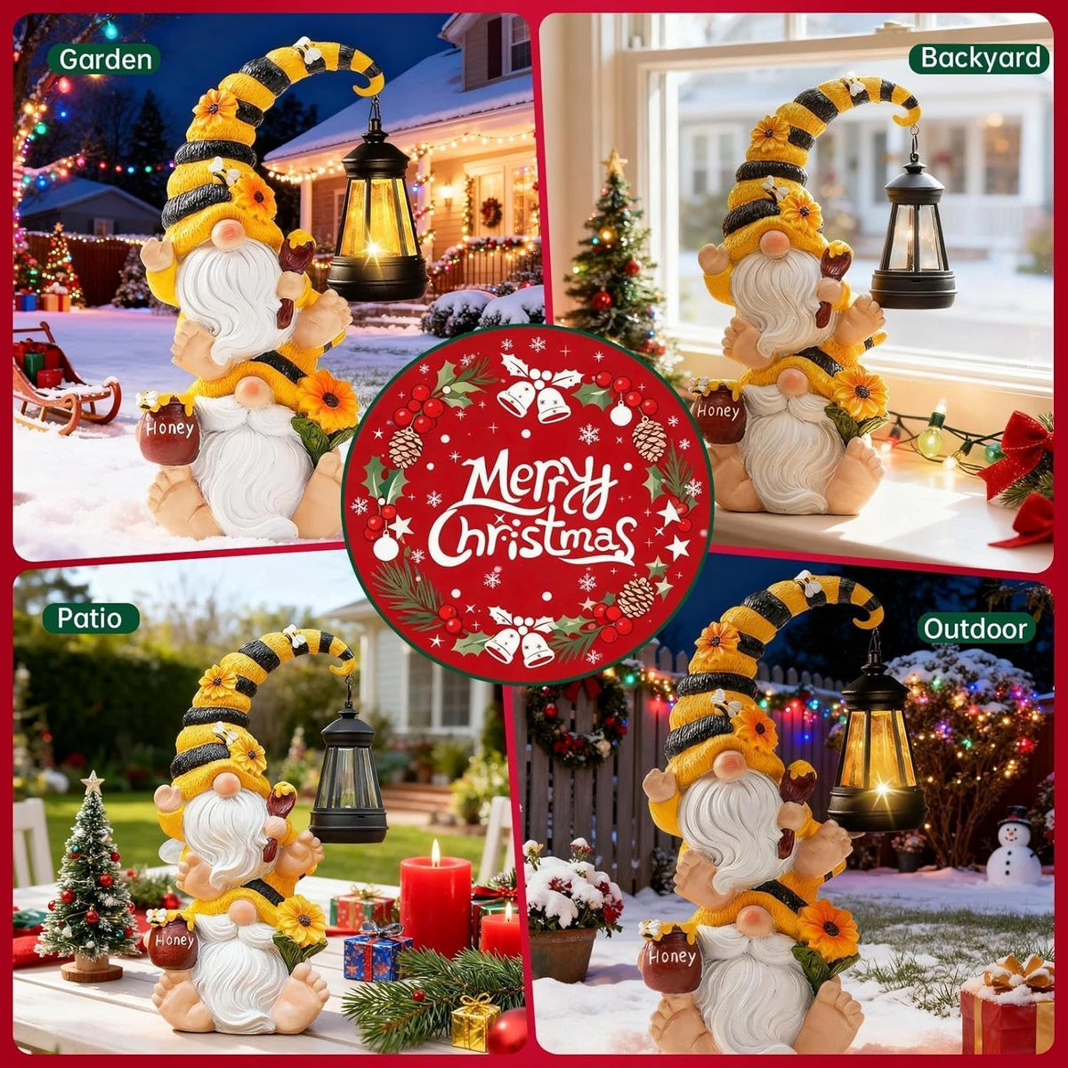 Solar Bee Garden Gnomes with LED Lantern – Waterproof Stacked Outdoor Decor for Yard, Patio