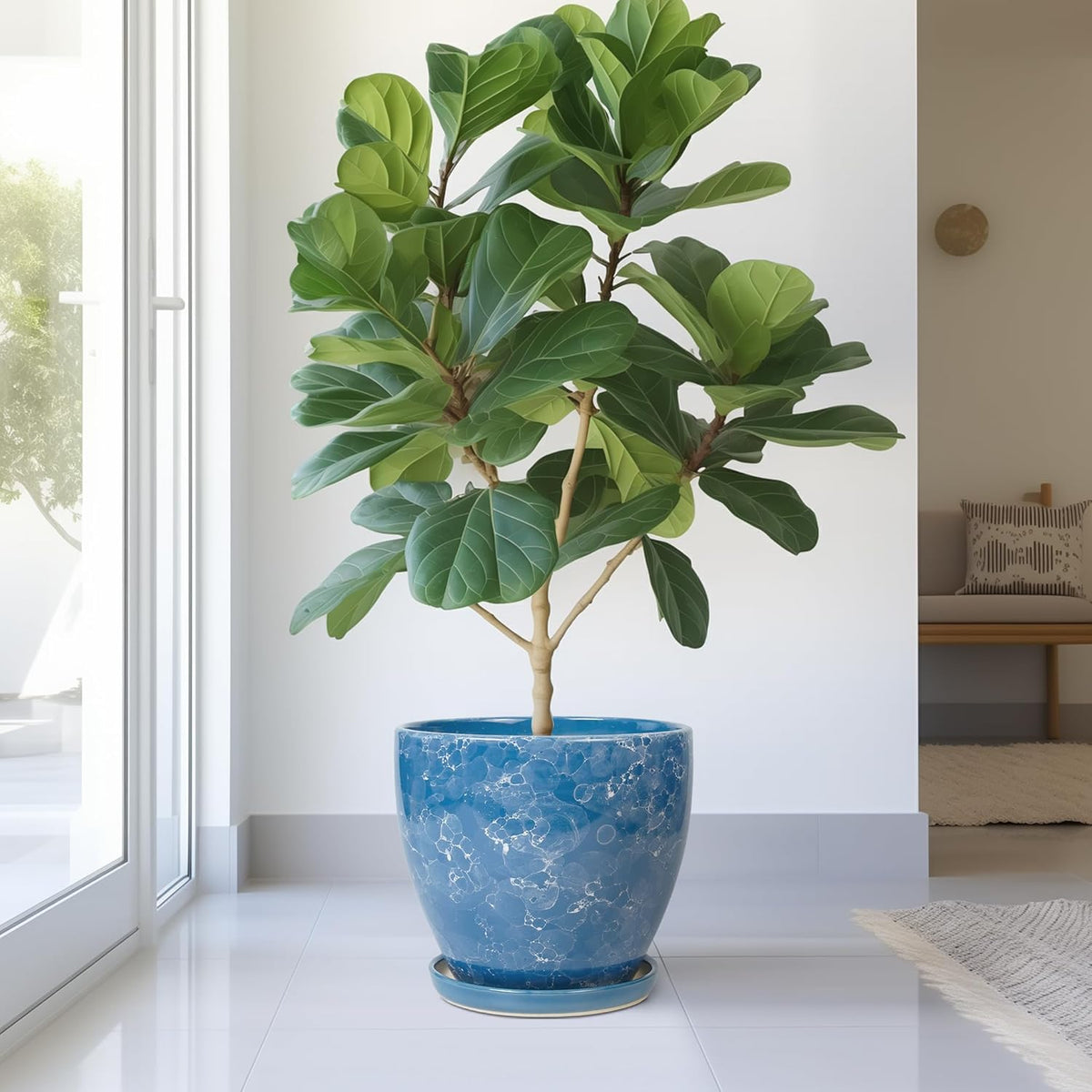 Ceramic Flower Pot - 10 Inch Planter with Drainage Hole and Saucer, Modern Large Planters