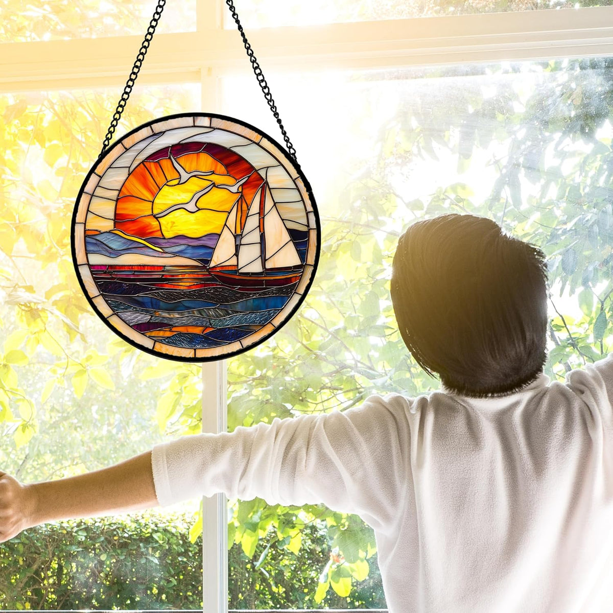 Stained Glass Window Hanging, Sun Ocean Sailboat Seagull Abstract Suncatcher Diamond Glass Panel