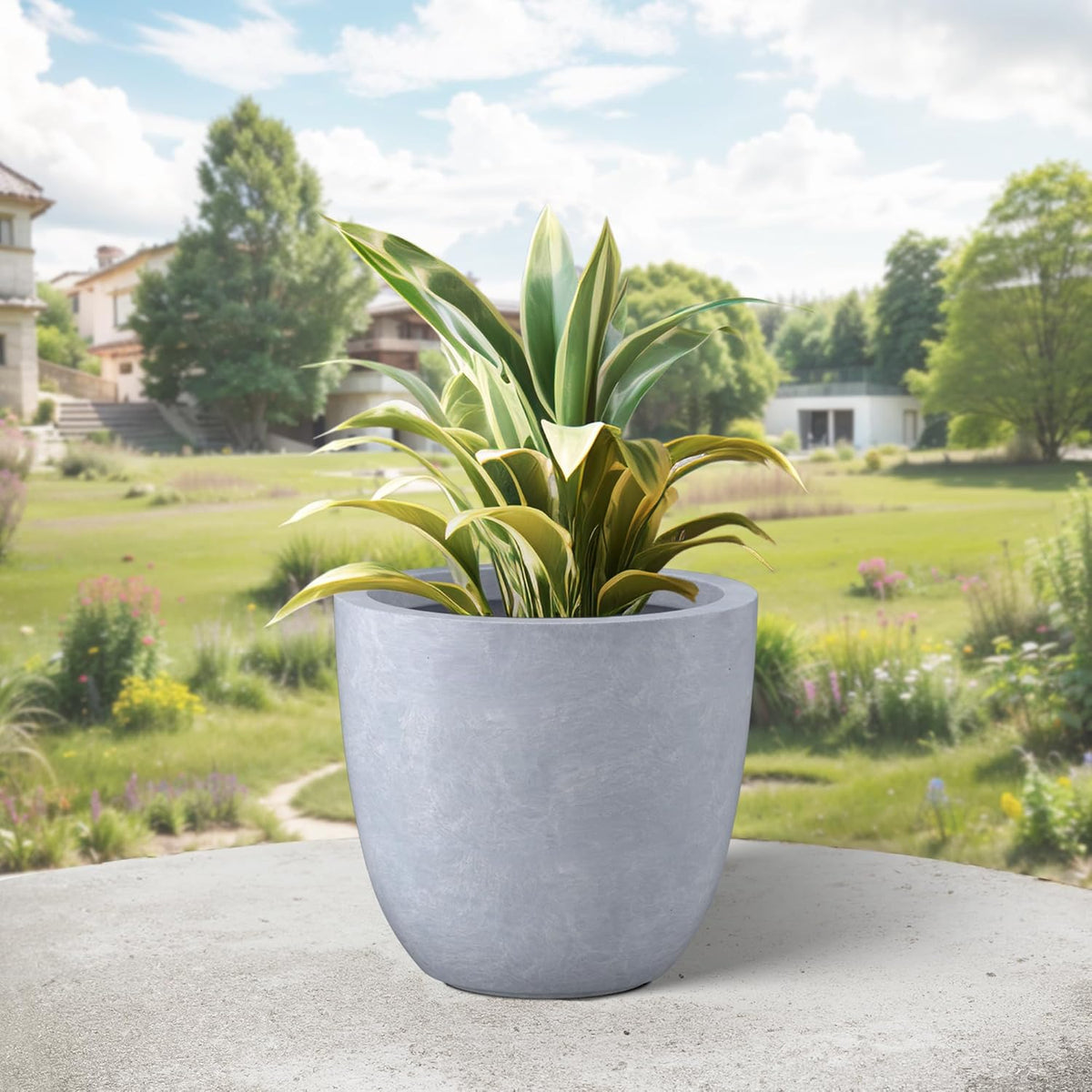 Kante 10 Inch Dia Round Concrete Planter, Indoor Outdoor Large Plant Pot with Drainage Hole and