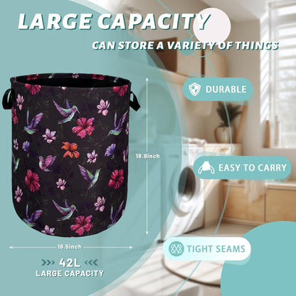 Beautiful Hummingbird Hibiscus Flower Laundry Basket Foldable With Handles Tote Bag Oxford Cloth