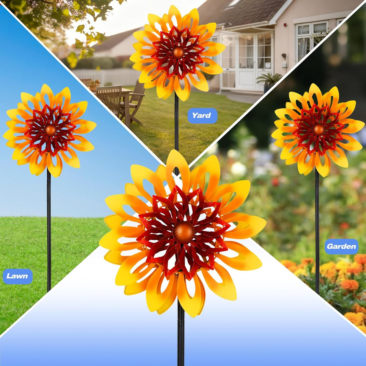 Sunflower Wind Spinners, 360 Degrees Swivel Metal Wind Sculptures, 62" Garden Pinwheels for Yard