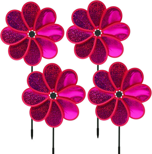 4PCS Flower Wind Spinner Sparkly Lawn Pinwheel 11.8 inch Hot Pink Garden Windmill for Garden
