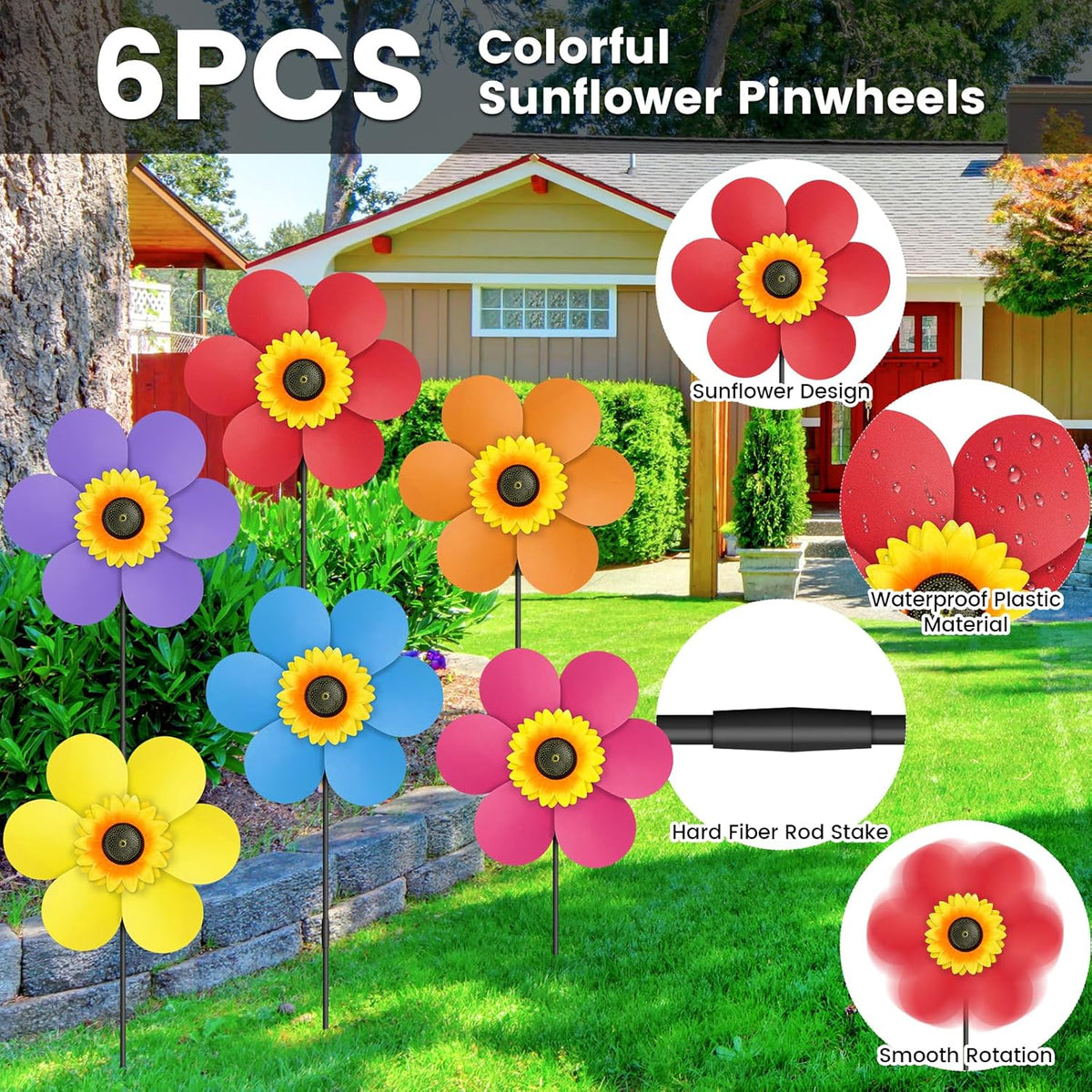 6PCS Sunflower Wind Spinners with Stakes 14" W x 29" H Wind Spinners Lawn Pinwheel Rainbow Windmill
