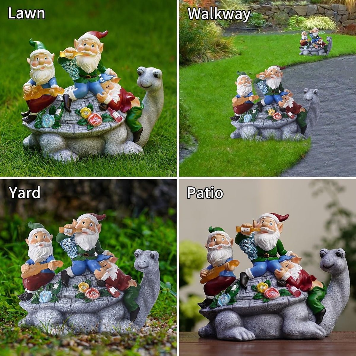 Solar Garden Outdoor Statues Three Gnomes Having Party on Turtle with 7 LED Solar Figurine for