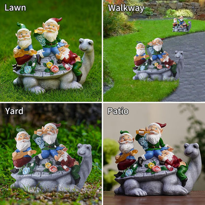 Solar Garden Outdoor Statues Three Gnomes Having Party on Turtle with 7 LED Solar Figurine for