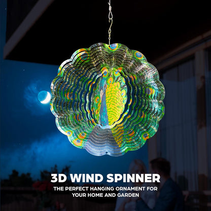 Skylar Peacock Wind Spinner, Stainless-Steel Garden Decor, 3D Wind Decoration with Holographic