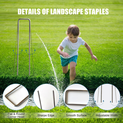 50 PCS 6 Inches Galvanized Landscape Staples, 50 PCS Gaskets and 1 Pick Hook, Heavy Duty Anti-Rust