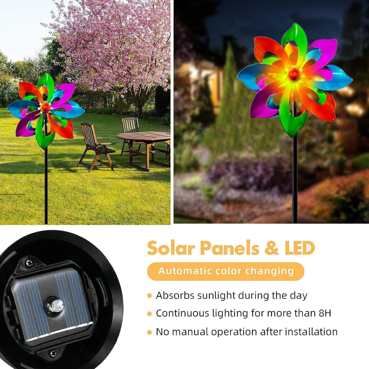 Solar Metal Wind Spinner, Multi-Color Led Lighting Solar Powered Glass Ball Dual Direction for