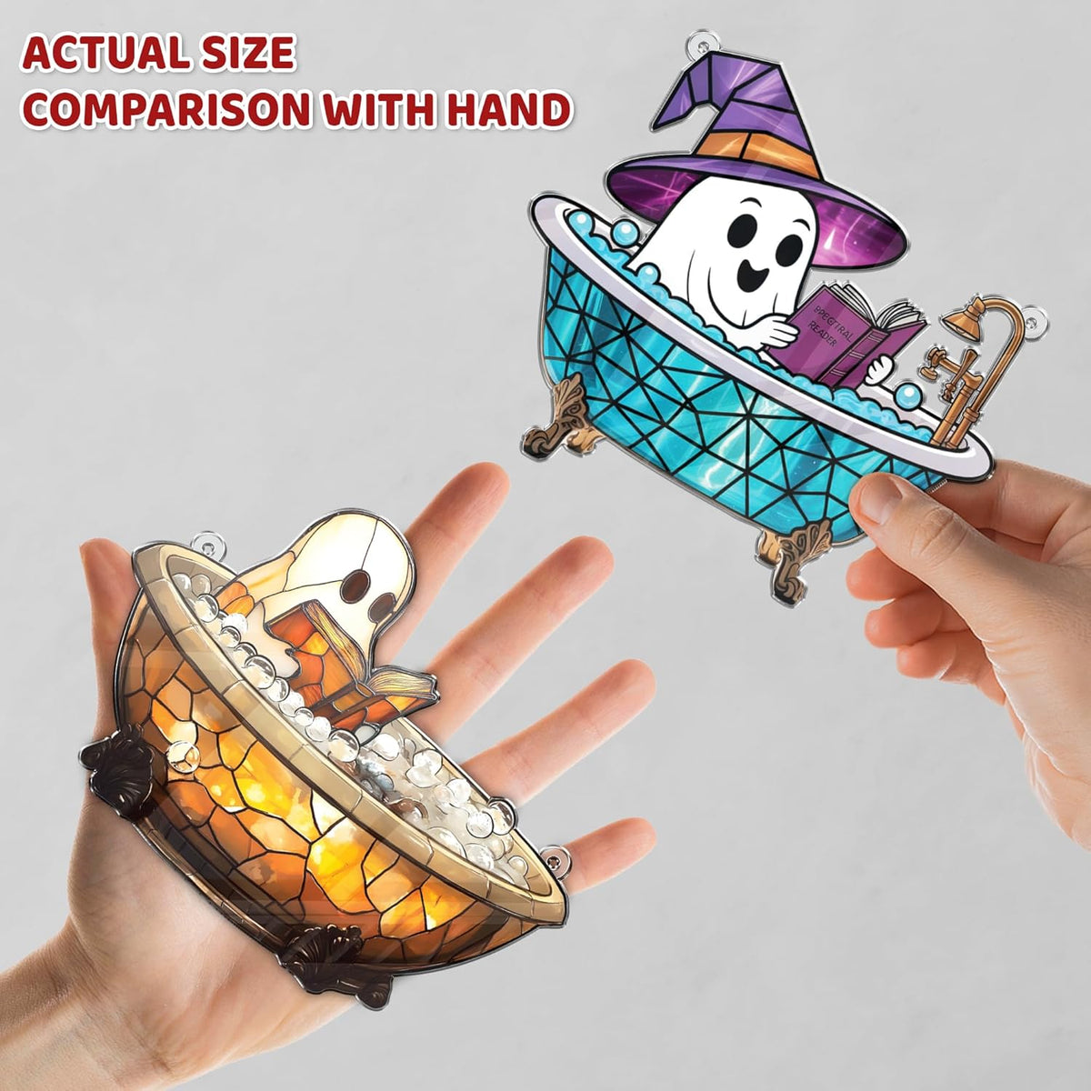 2 Boo Bathtub Acrylic Suncatchers, Gothic Cute Ghost Reading Book Window Hanging Ornaments