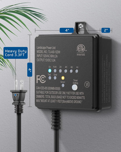 DEWENWILS 60W 120V AC to 12V DC Outdoor Low Voltage Transformer with Timer and Photocell Light