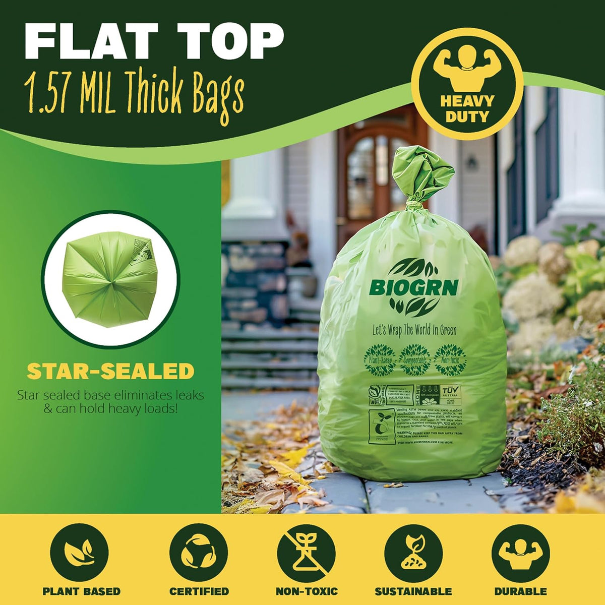 50-55 Gallon Compostable Trash Bags Flat-Top 12 Bags Heavy Duty 1.57 Mil 208.2 Liter Large Lawn and