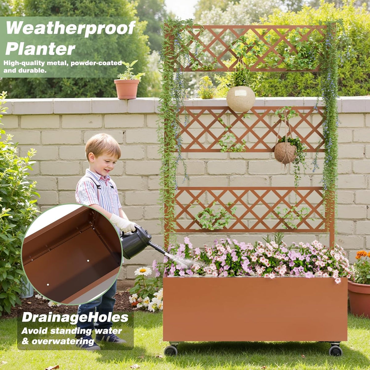 Kinchox Metal Raised Garden Bed with Trellis Outdoor Metal Planter Box with Planting Pockets Garden