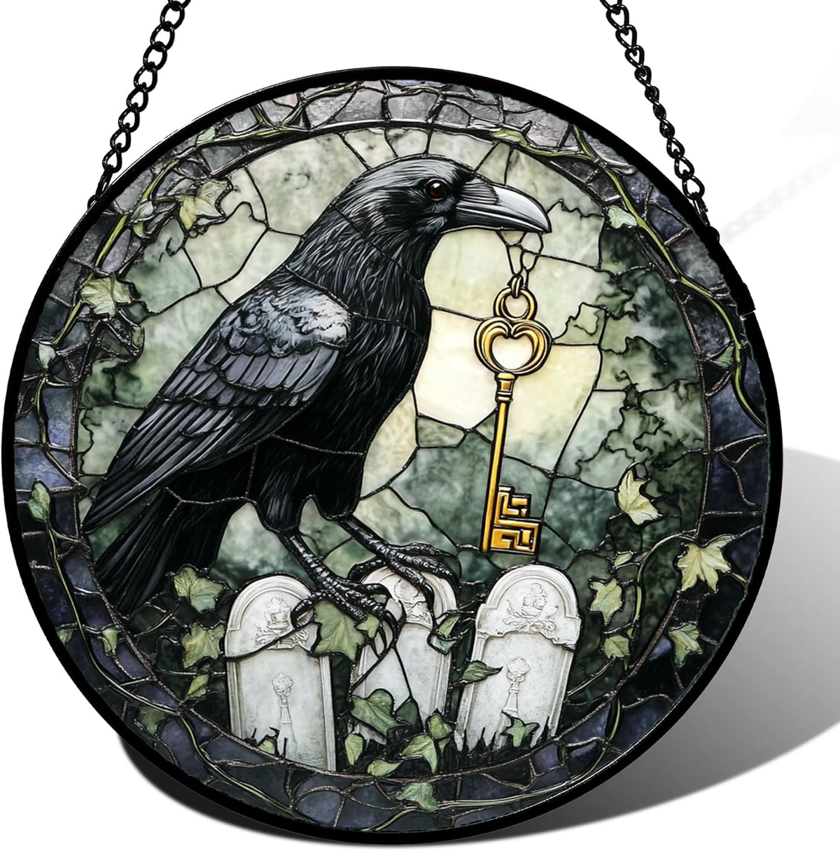 Stained Glass Window Hanging - Halloween Crow White Tombstone Suncatcher for Doors Garden Home