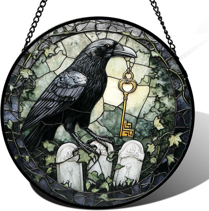 Stained Glass Window Hanging - Halloween Crow White Tombstone Suncatcher for Doors Garden Home