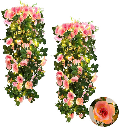 RECUTMS Hanging Flowers Artificial Rose Flower 2PCS 3.3Ft for Outdoors with 30 LED Fairy String