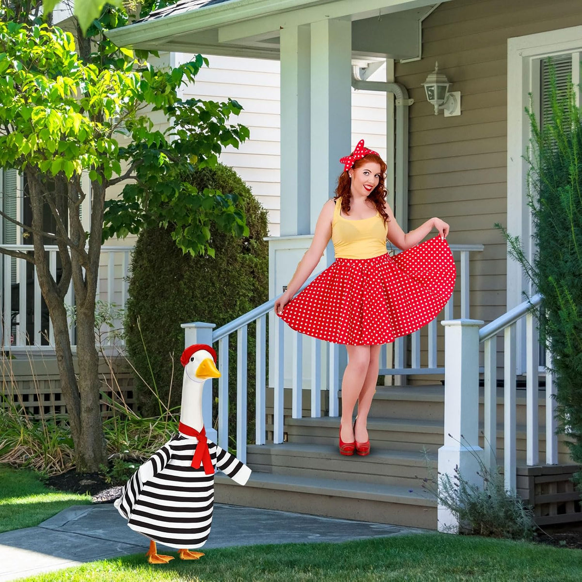 French Look Porch Goose Outfit Set for Cement Lawn Artist Hat Beret Red Scarf Black White Striped