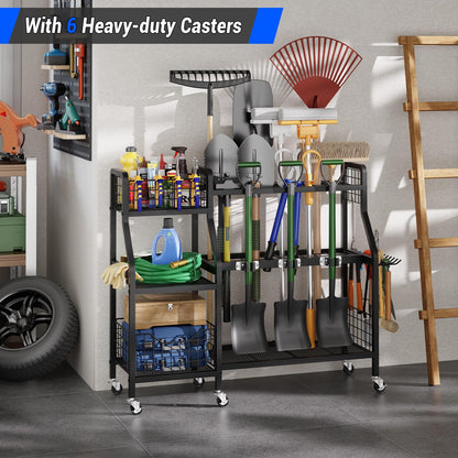 keomaisyto Heavy-Duty Garden Tool Organizer with 6 Wheels and 2 Baskets