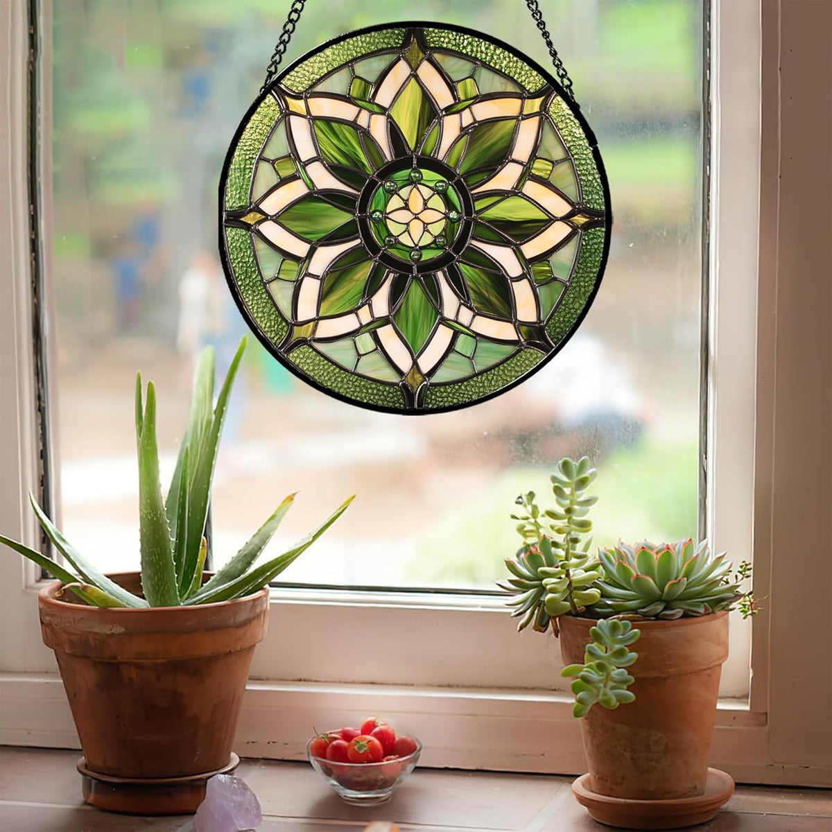 Stained Glass Window Hanging - White Green Boho Flower Suncatcher for Doors Window Home Sun