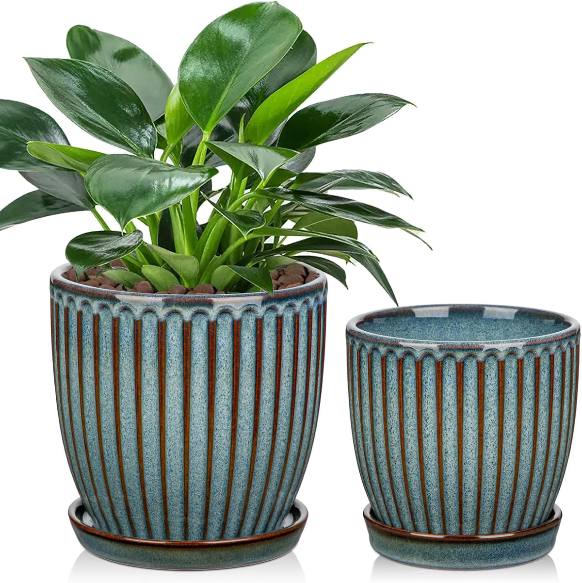 Oairse Ceramic Pots for Indoor Plants, 4.9 +5.7 inch Pots for Plants Set of 2 Marble Blue Plant