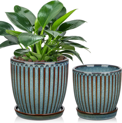 Oairse Ceramic Pots for Indoor Plants, 4.9 +5.7 inch Pots for Plants Set of 2 Marble Blue Plant