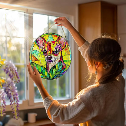 8″ Stained Glass Window Hanging Ornament, Vibrant Chihuahua Stained Glass Suncatcher Ornament