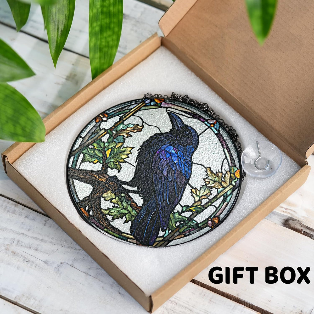7.8" Crow Stained Glass Suncatchers Art Glass Ravens for Sun Catcher Indoor Gothic Gifts for Pet