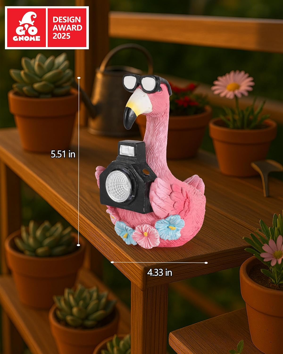 Solar Flamingo Garden Statue with Camera Light – 5.5in Tall Solar Powered Outdoor Figurine for