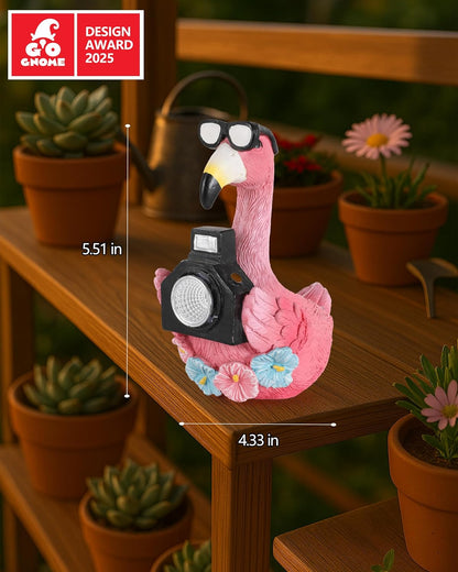 Solar Flamingo Garden Statue with Camera Light – 5.5in Tall Solar Powered Outdoor Figurine for