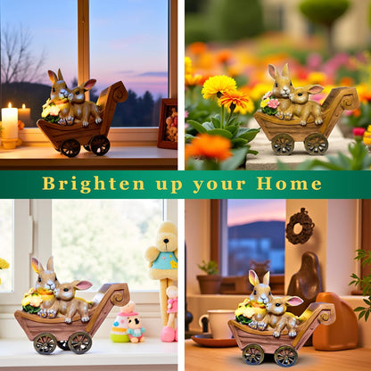 PRETMANNS Solar Rabbit Garden Statue - Mother & Baby Bunny Outdoor Decor with LED Lights for Patio