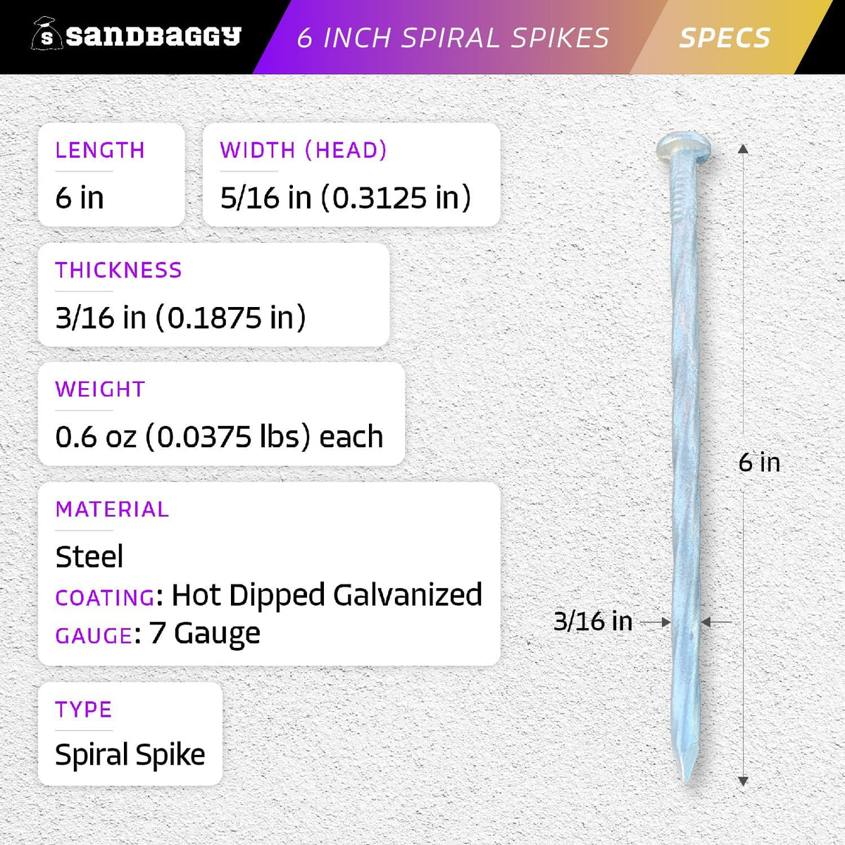 Sandbaggy 6 Inch Galvanized Artificial Turf Stakes - Spiral Landscape Nails - Ground Spikes/Pins
