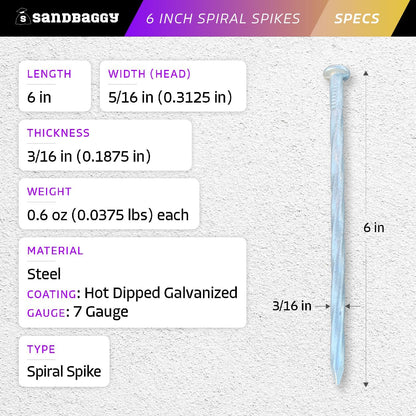 Sandbaggy 6 Inch Galvanized Artificial Turf Stakes - Spiral Landscape Nails - Ground Spikes/Pins