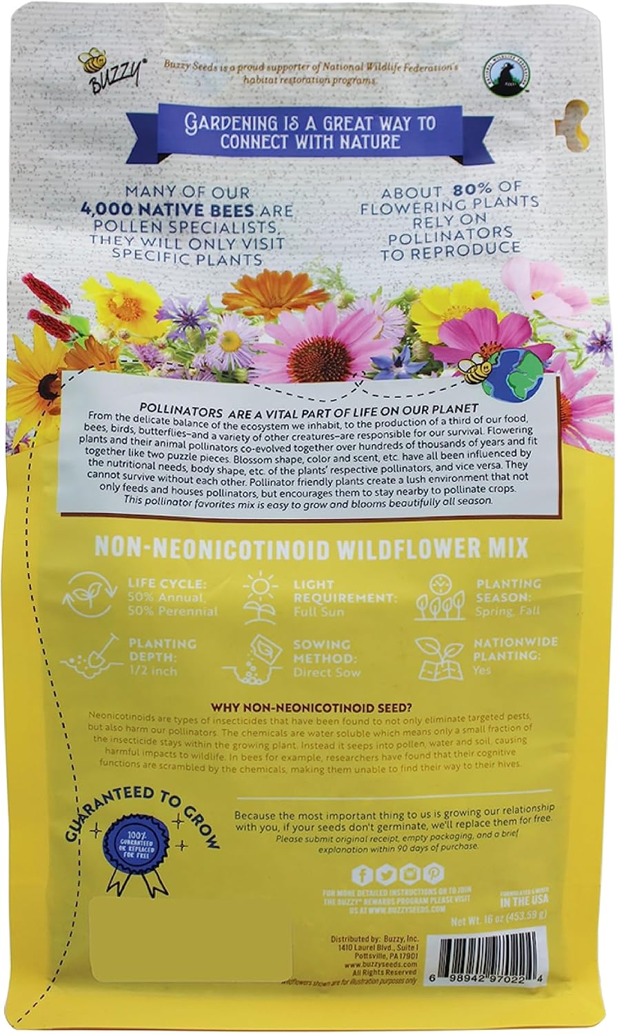 BUZZY Wildflower Pollinator Seed Mix (1lb Bag), 18 Pollinator-Friendly Varieties, Protect The