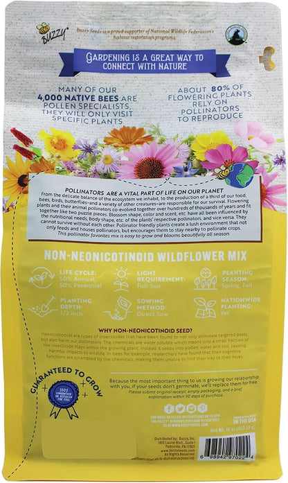 BUZZY Wildflower Pollinator Seed Mix (1lb Bag), 18 Pollinator-Friendly Varieties, Protect The