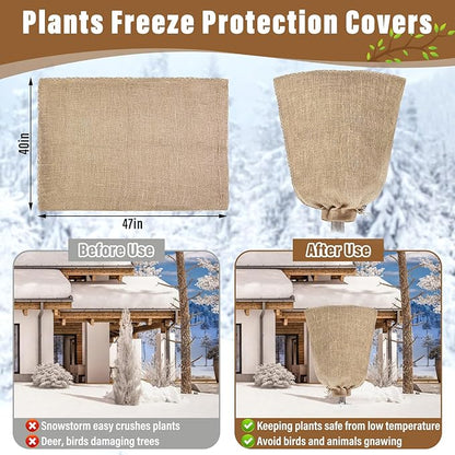 Riare 4 Packs 40 × 47 Inch Burlap Winter Plant Cover Bags with Drawstring- Reusable Large Burlap