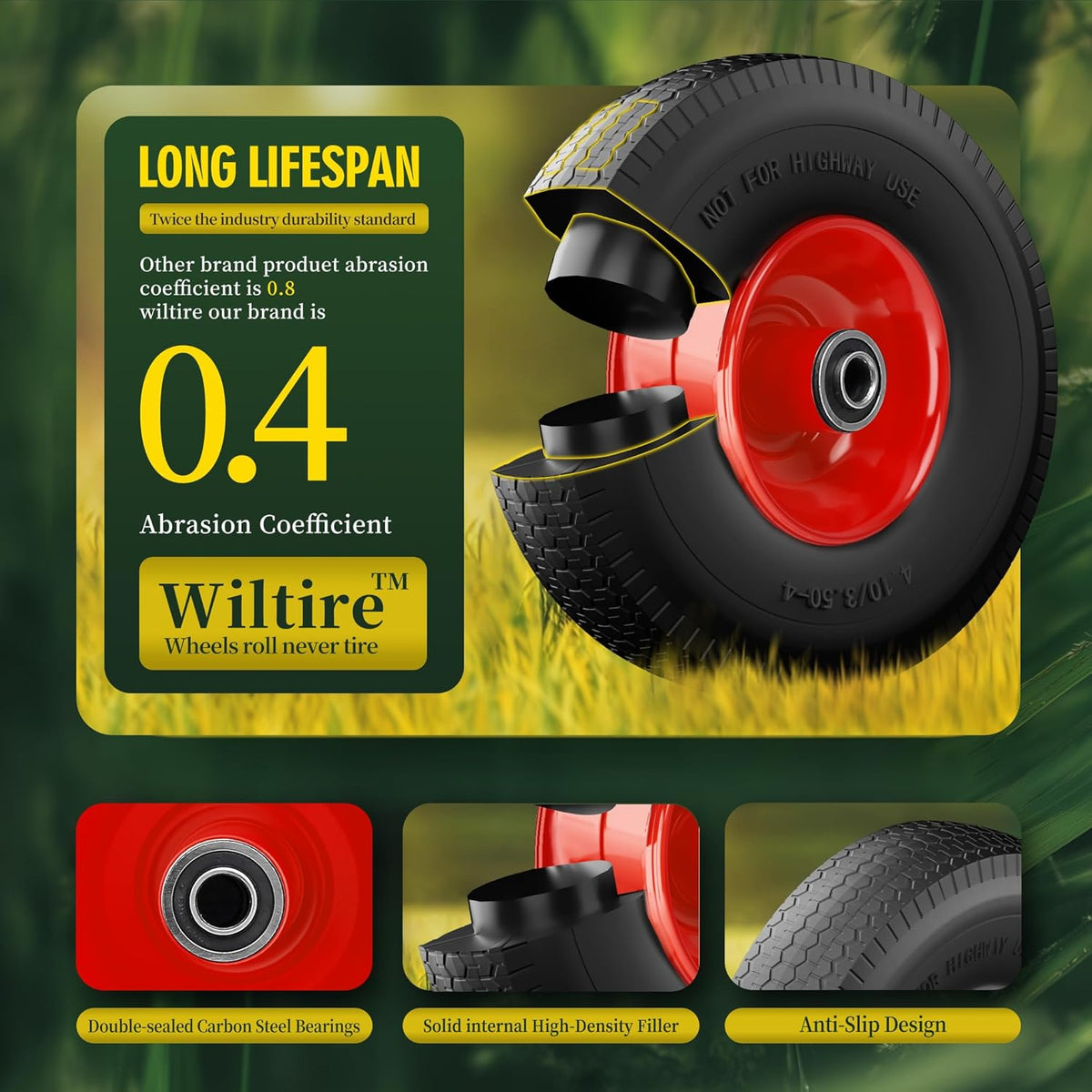 (2 Pack) 4.10/3.50-4 Flat Free Tire and Wheel 10-Inch Solid Wheel Replacement with 5/8 Extra 3/4